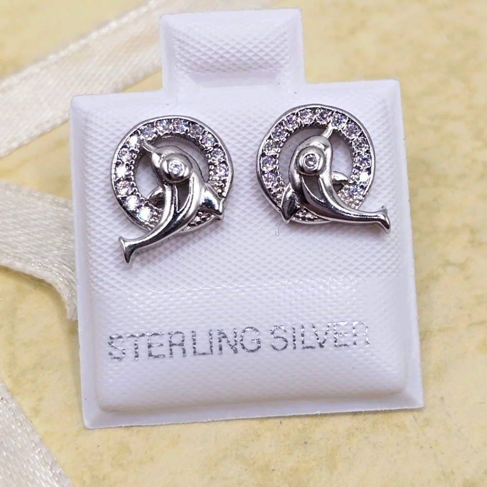 Sterling Silver 925 Rhodium Plated Dolphin CZ Stud Earrings